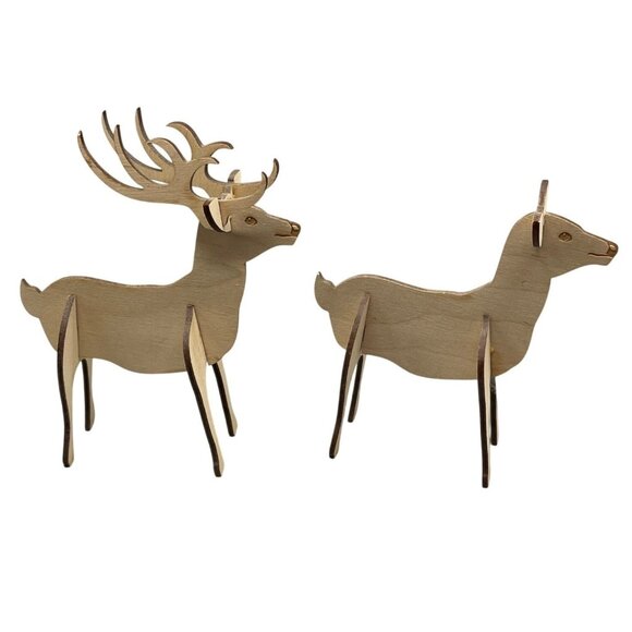 Christmas 3D reindeer set of 2 buck doe wood figurines decor antlers 5.25x6.75" - Picture 1 of 10
